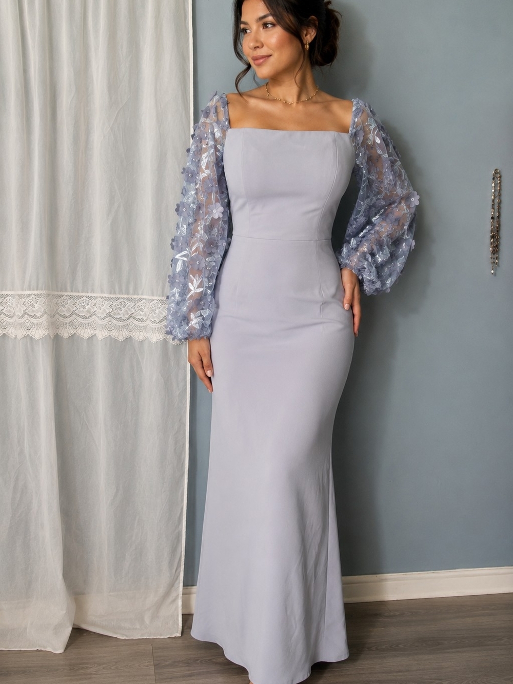 Nordstrom Lavender Maxi Dress with Sheer Floral Puff Sleeves